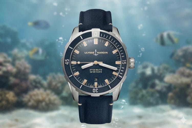 Orologio Ulysse Nardin Diver 42 Automatico Blu Orologio automatico Ulysse Nardin Diver 42 con quadrante blu, coordinate nautiche e cinturino in tessuto, ambientato su un suggestivo fondale marino.