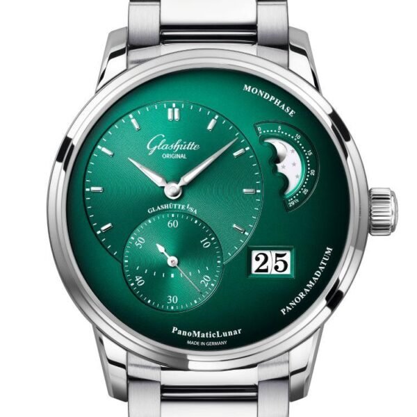 Glashütte Original PanoMaticLunar 2020 quadrante verde bracciale acciaio