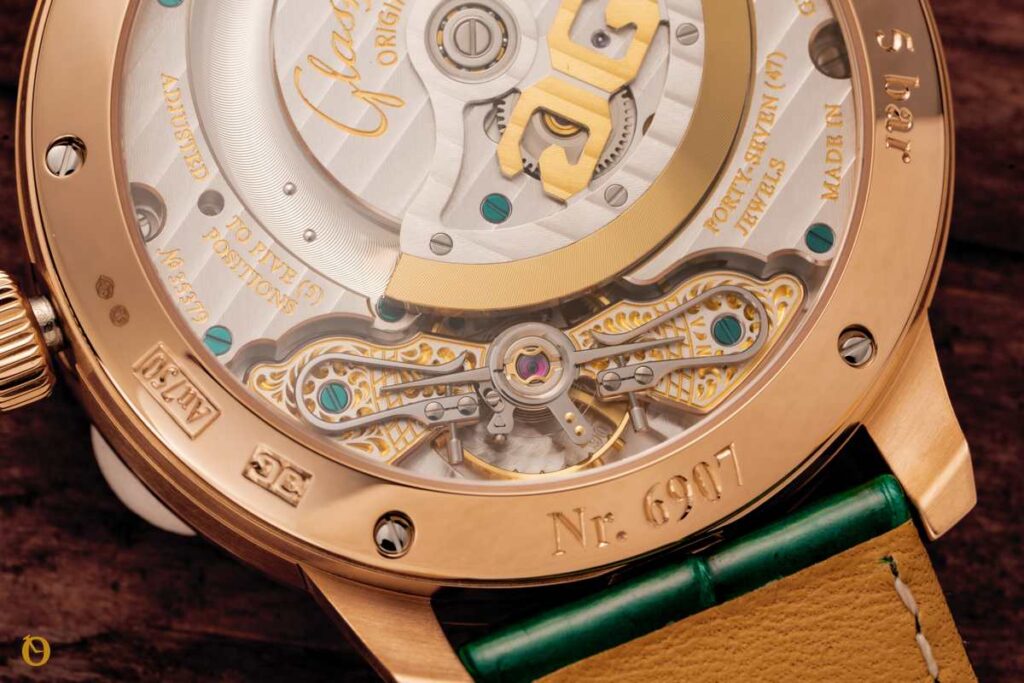 Glashütte Original PanoMaticLunar Quadrante Verde Oro Rosso movimento dettaglio doppio bilanciere