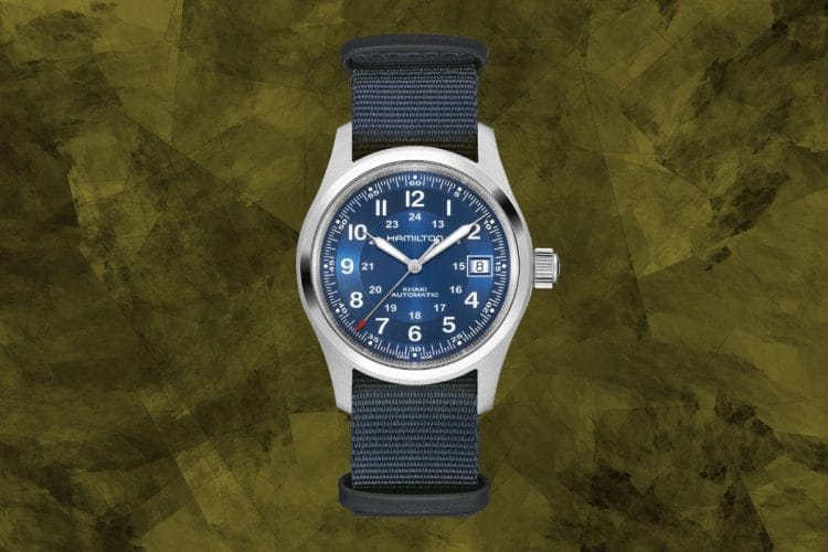 Hamilton Khaki Field Auto 38mm H70455940 con quadrante blu e cinturino NATO.