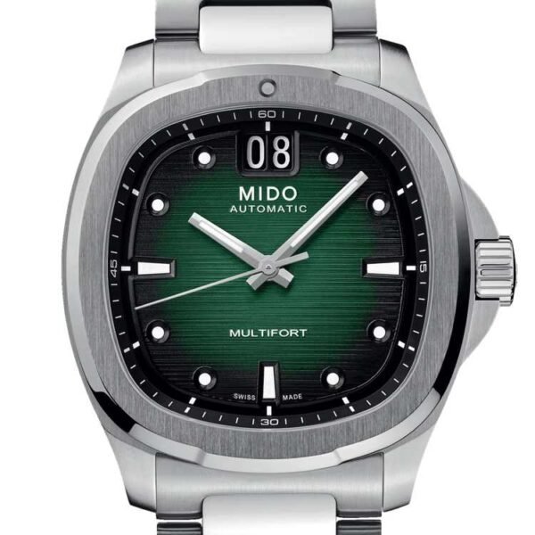 Mido Multifort TV Big Date quadrante verde bracciale acciaio