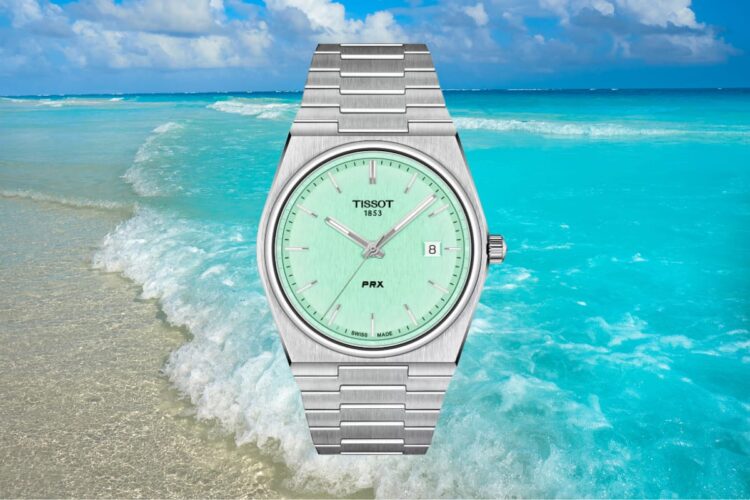 Tissot PRX 40 mm Quartz verde menta Tissot PRX 40 mm al quarzo con quadrante verde menta e bracciale in acciaio.