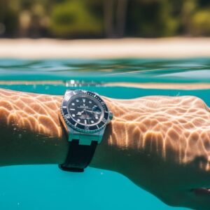 Orologio subacqueo professionale indossato sott'acqua in piscina con effetti di luce, guida ai migliori diver 2025