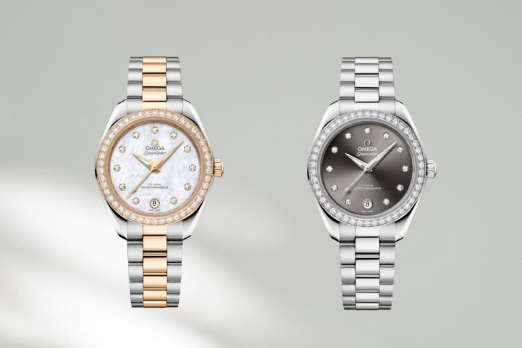 Confronto tra due versioni dell'Omega Seamaster Aqua Terra 30 mm: il modello bicolore in acciaio e oro Sedna e quello in acciaio, entrambi con lunetta e indici di diamanti.