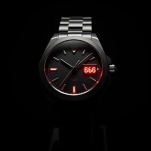 Orologio nero con datario che mostra 666 su sfondo scuro, illustrazione della zona della morte per la regolazione della data