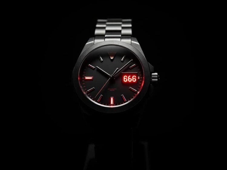 Orologio nero con datario che mostra 666 su sfondo scuro, illustrazione della zona della morte per la regolazione della data