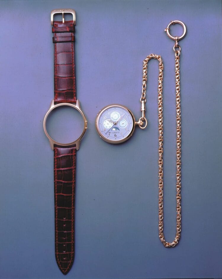 Glashütte Original Julius Assmann Tourbillon del 1997 con calendario perpetuo, mostrato come orologio da polso e da tasca con catena dorata