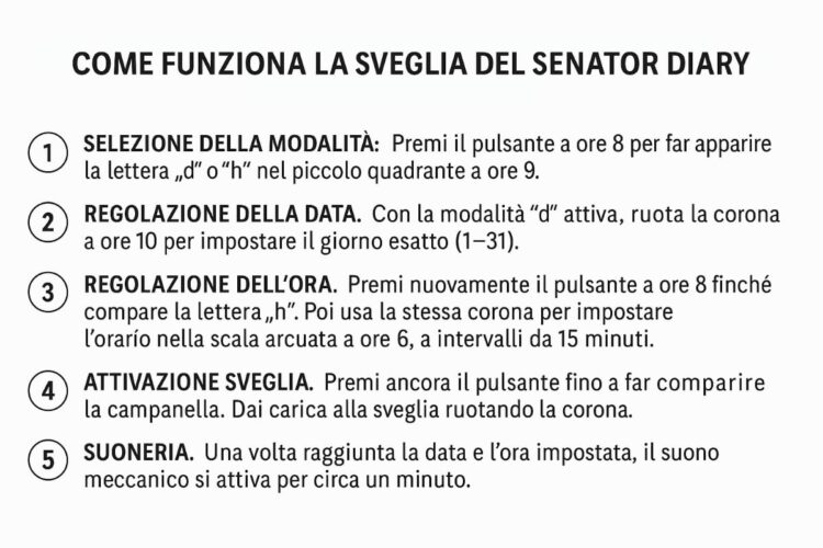 Infografica sul funzionamento della sveglia meccanica del Senator Diary di Glashütte Original.