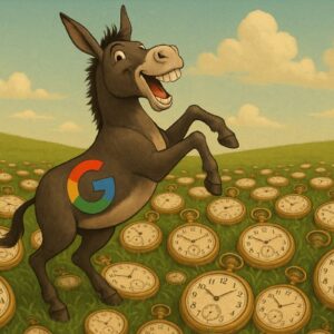 Illustrazione satirica asino con logo Google tra orologi da tasca per errori AI orologeria