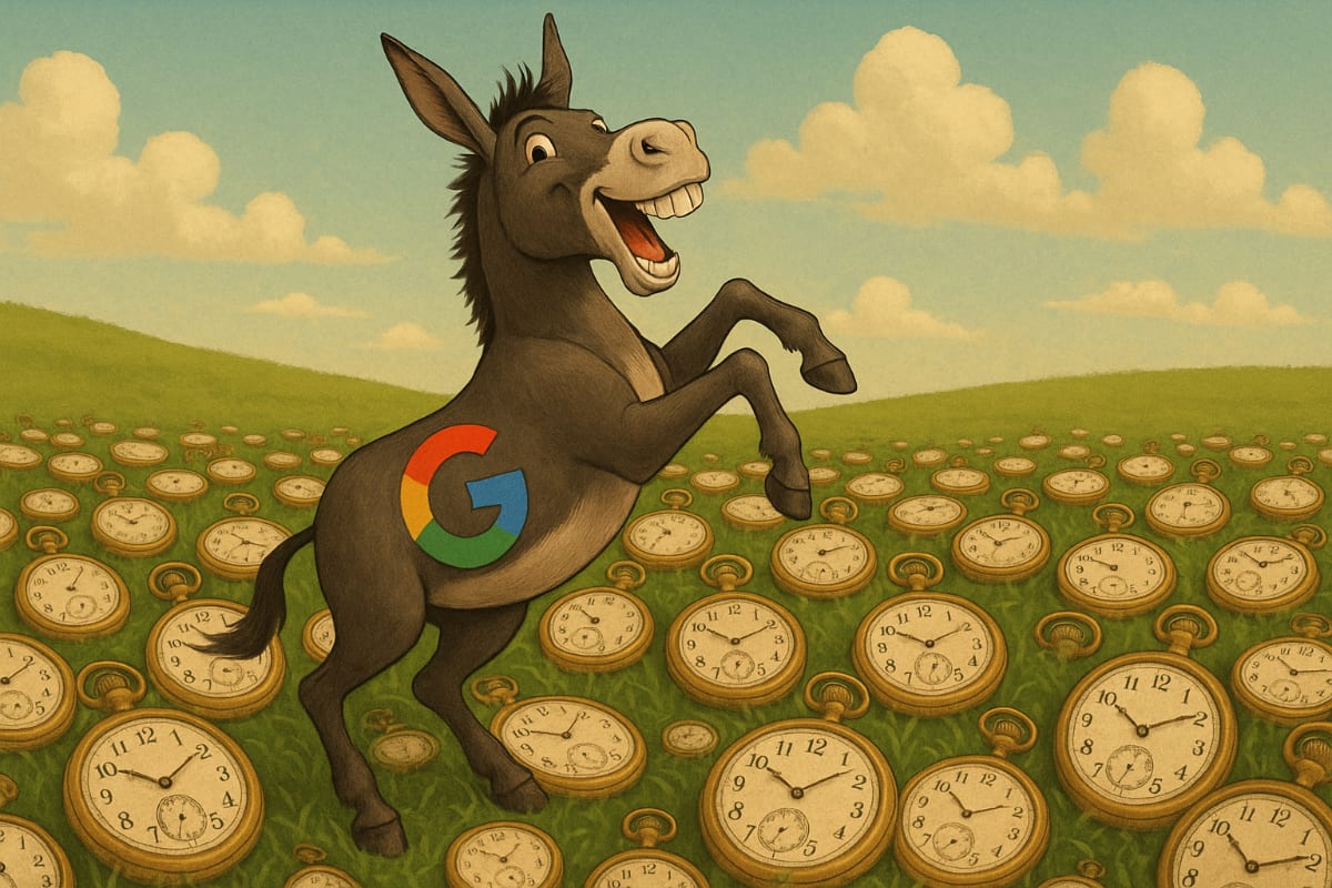 Illustrazione satirica asino con logo Google tra orologi da tasca per errori AI orologeria