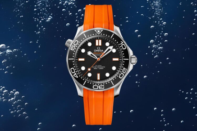 Omega Seamaster Diver 300M con cinturino caucciù arancio - dettagli accenti colorati