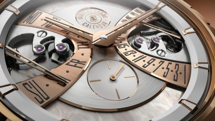 Close-up del quadrante Roger Dubuis Excalibur Biretrograde Calendar, dettaglio scale retrograde giorno e data, piccoli secondi centrale e scritta Biretrograde Calendar