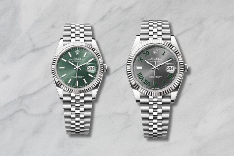 Confronto visivo Rolex Datejust 36mm e 41mm affiancati su sfondo marmoreo, evidenziando le differenze dimensionali tra i due modelli