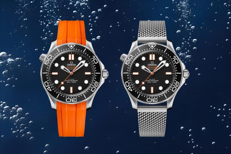 Nuovo Omega Seamaster Diver 300M con accenti arancio 2025 - confronto bracciale milanese e cinturino caucciù