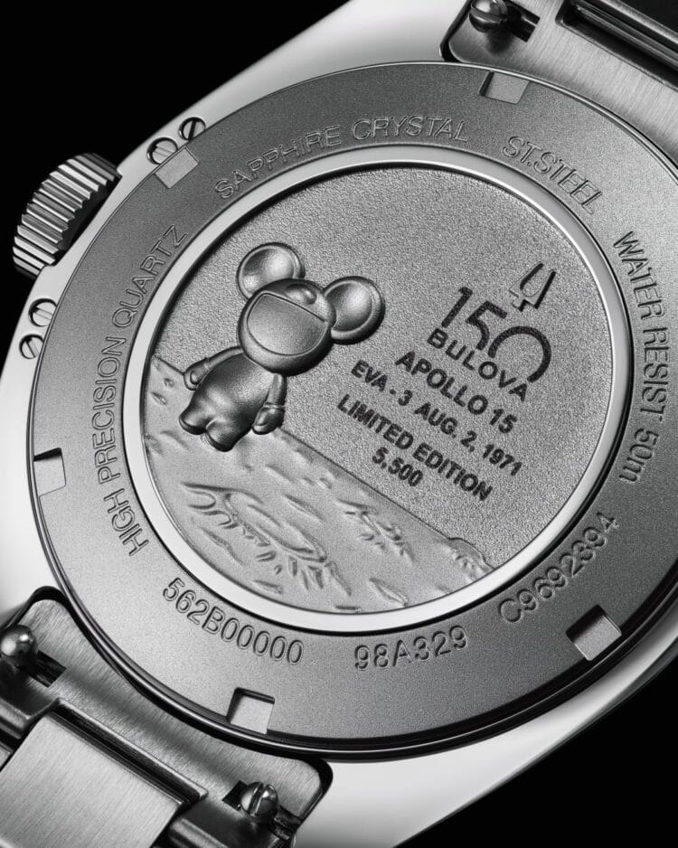 Fondello commemorativo Bulova Lunar Pilot 150° con Budii astronauta in rilievo e incisioni Apollo 15 August 2 1971 Limited Edition 5500