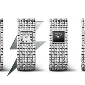 Le quattro varianti del Frederique Constant Classics Manchette: bianco con numeri romani, malachite, onice nero e quadrante pavé di diamanti, con bracciale a sette file effetto Clou de Paris
