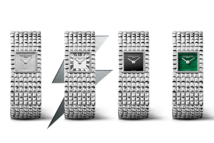 Le quattro varianti del Frederique Constant Classics Manchette: bianco con numeri romani, malachite, onice nero e quadrante pavé di diamanti, con bracciale a sette file effetto Clou de Paris