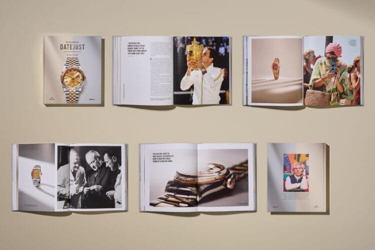 Pagine interne del libro Datejust A Watch that Made History con fotografie e contenuti storici Pagine aperte del libro "Oyster Perpetual Datejust - A Watch that Made History" che mostrano fotografie storiche di personaggi celebri, immagini dettagliate di orologi Rolex e layout editoriale curato da Wallpaper* con testi e immagini d'archivio