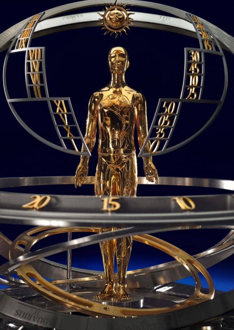 L'Automa Astronomo La Quête du Temps - Figura in bronzo dorato che indica l'ora attraverso 144 gesti diversi nella cupola stellata Automa Astronomo di Vacheron Constantin La Quête du Temps in oro giallo placcato sotto cupola celeste con scale curve per ore e minuti, incisioni costellazioni e 122 diamanti