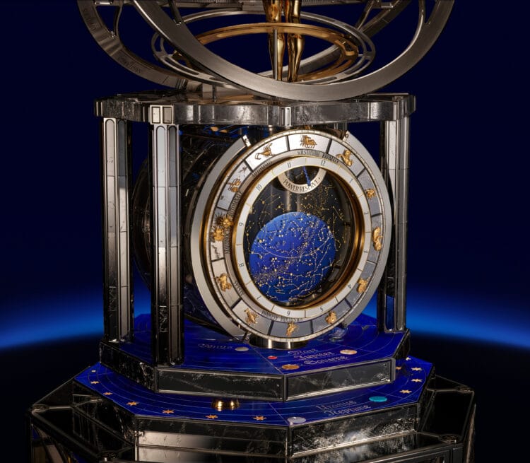 Quadrante posteriore astronomico La Quête du Temps - Carta celeste rotante con tempo siderale e calendario delle stagioni Quadrante posteriore La Quête du Temps con volta celeste emisfero nord, tempo siderale, segni zodiacali in oro e anelli smaltati per stagioni e solstizi