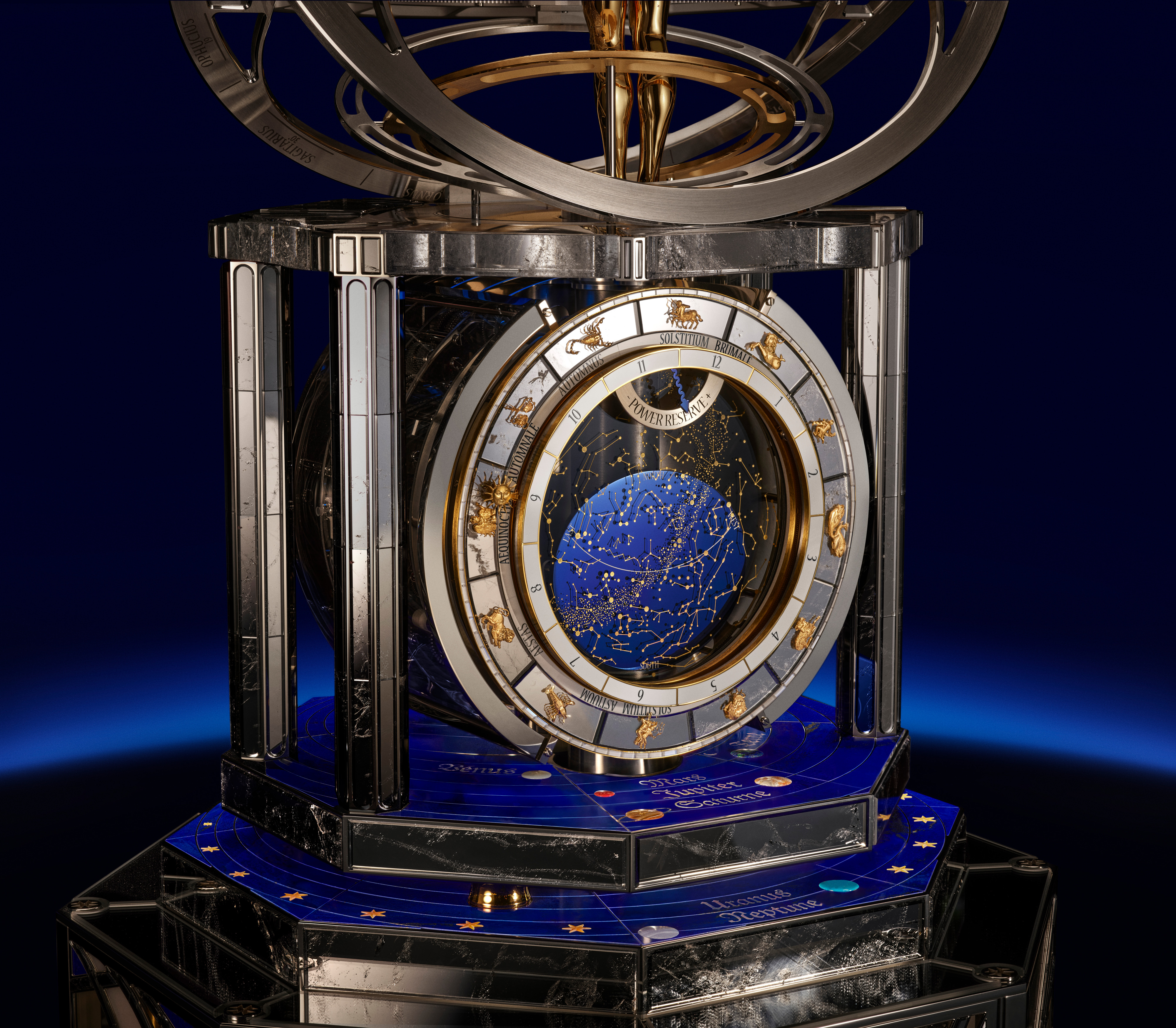 Quadrante posteriore La Quête du Temps con volta celeste emisfero nord, tempo siderale, segni zodiacali in oro e anelli smaltati per stagioni e solstizi