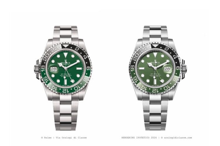 Sprite 2022 vs Possibile Verde Oliva 2026: Il Confronto Confronto visivo Rolex GMT-Master II Sprite 2022 ref 126720VTNR con rendering ipotetico verde oliva 2026 indiscrezioni