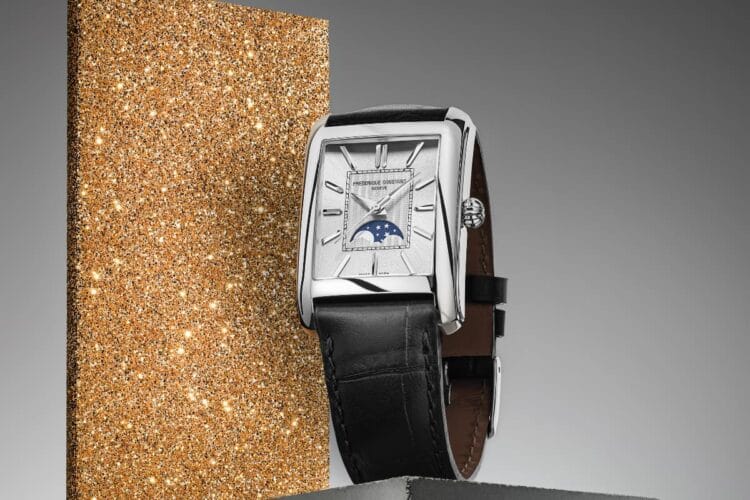 Frederique Constant Carrée Moonphase ref. FC-333S4C6 - Orologio automatico con fasi lunari Frederique Constant Classics Carrée Moonphase Automatic con quadrante argento guilloché e fasi lunari a ore 6, cassa acciaio 42mm su cinturino pelle nera