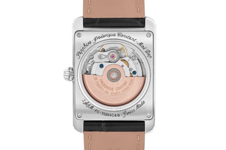 Movimento automatico FC-333 Frederique Constant Carrée Moonphase - Fondello trasparente zaffiro Fondello trasparente Frederique Constant Carrée Moonphase con movimento automatico calibro FC-333 base Sellita SW280, rotore dorato e 26 rubini visibili