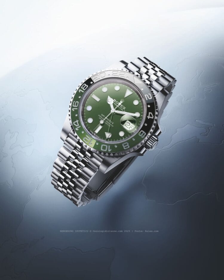 Mockup Verde Oliva con Jubilee: Concept Travel Watch 2026 Rendering GMT-Master II verde oliva 2026 bracciale Jubilee su mappa mondiale travel watch concept indiscrezioni