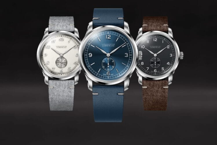 Collezione Lebois & Co Heritage Small Seconds - Cronometri COSC certificati Swiss Made Lebois & Co Heritage Small Seconds collezione completa con tre modelli Script, Numeral e Baton con quadranti crema, blu e nero su sfondo scuro.