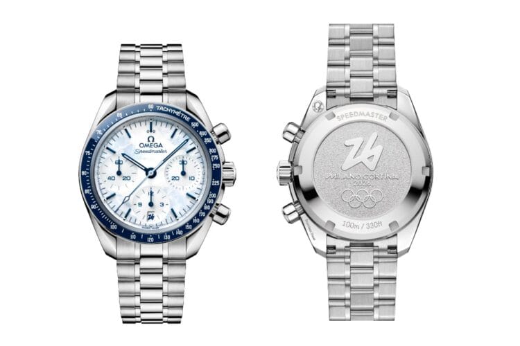 Omega Speedmaster 38mm Milano Cortina 2026 vista fronte con quadrante ghiacciato blu e retro con fondello inciso olimpico.