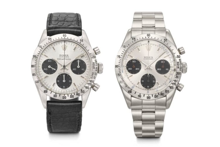 Due Rolex Daytona rarissimi: ref. 6262 Tiffany di George Peppard e ref. 6239 Doctor's Model con scala pulsazioni Rolex Daytona ref 6262 con doppia firma Tiffany & Co e Cosmograph ref 6239 Doctor's Model con scala pulsazioni all'asta da Christie's