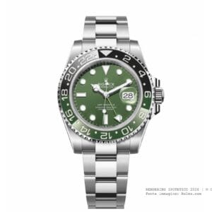 Rendering ipotetico Rolex GMT-Master II verde oliva 2026 con lunetta Cerachrom bicolore nero-verde e bracciale Oyster acciaio
