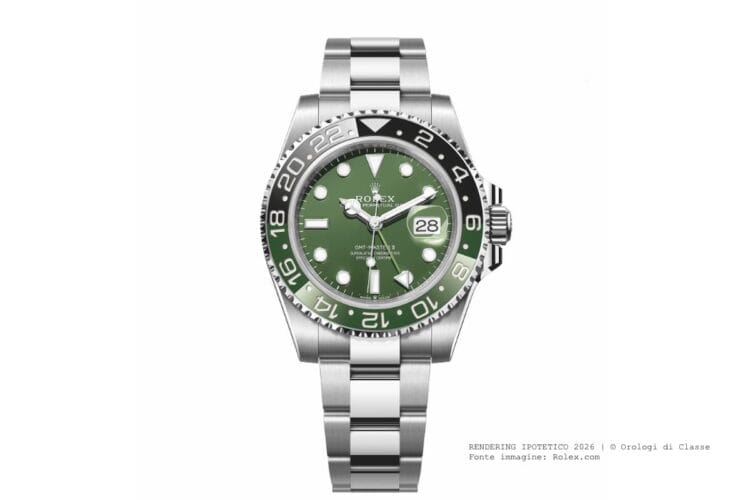Mockup GMT-Master II Verde Oliva 2026 - Rendering Ipotetico Rendering ipotetico Rolex GMT-Master II verde oliva novità 2026 con lunetta Cerachrom bicolore nero-verde e bracciale Oyster acciaio.