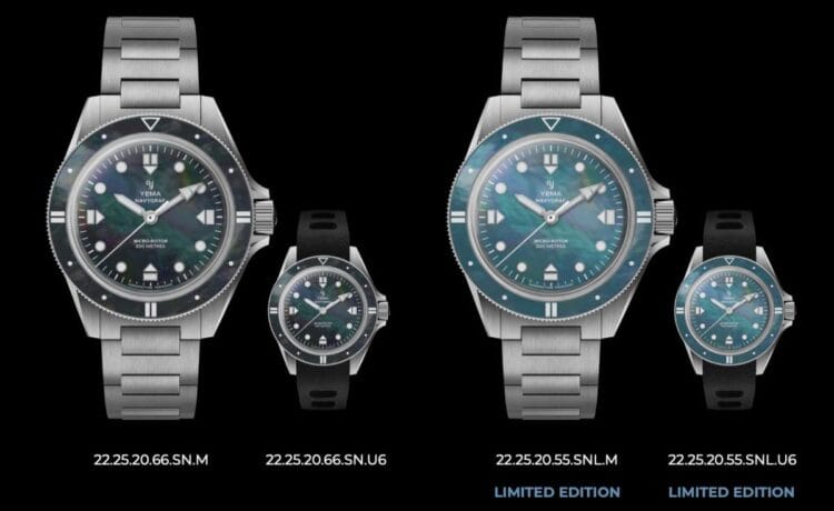 Collezione Yema Navygraf Madreperla: versioni standard e limited edition, quadrante nero e blu Varianti dello Yema Navygraf Madreperla con quadrante nero e blu in edizione standard e limitata, su bracciale e cinturino gomma.