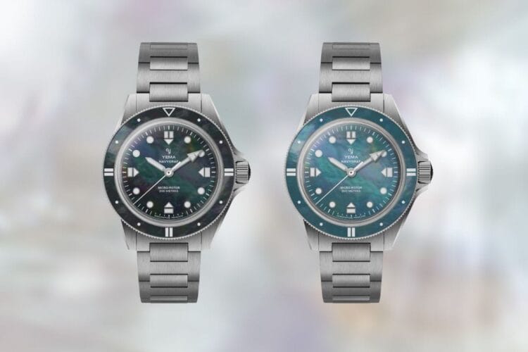 Yema Navygraf Madreperla nera e blu Orologi Yema Navygraf con quadrante madreperla nero e blu su sfondo perlato sfumato.