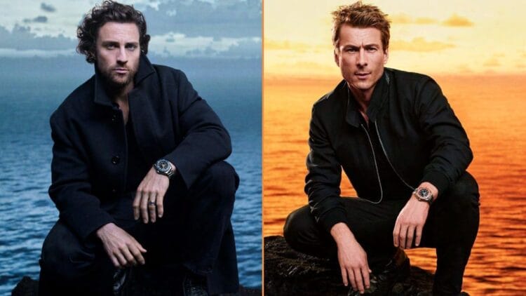 Testimonial Omega Planet Ocean 2025: Aaron Taylor-Johnson indossa il modello blu e Glen Powell il modello arancione Aaron Taylor-Johnson (a sinistra) e Glen Powell (a destra) come testimonial della campagna Omega Planet Ocean 2025.