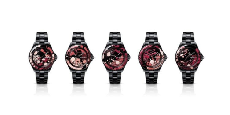 Collezione Completa 5 Orologi J12 Dripping Art Palette Cromatica Cinque orologi Chanel J12 Dripping Art in ceramica nera con diversi colori smalto Grand Feu palette Chanel Beauty.