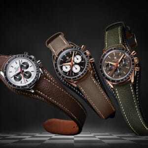 Universal Genève Tribute to Compax primo set: tre cronografi in oro bianco e oro rosso con cinturini Bund artigianali Satoru Hosoi.