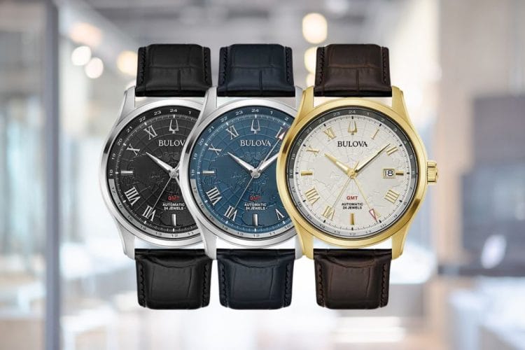 Bulova Wilton GMT: il vero traveller GMT accessibile con Miyota 9075 Tre orologi Bulova Wilton GMT automatici con diverse combinazioni di quadrante e cassa, equipaggiati con movimento Miyota 9075.