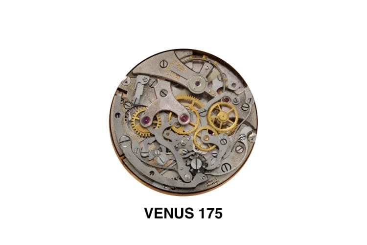Movimento cronografo meccanico Venus 175 Swiss Made a vista, con dettaglio dei ponti e della ruota a colonne.