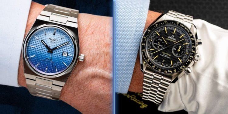 Tissot PRX vs Omega Speedmaster: Standard di precisione a confronto Confronto diretto tra un Tissot PRX e un Omega Speedmaster Super Racing che offre una precisione di 0 / +2 secondi al giorno, separati da un ingranaggio, per mostrare la differenza tra movimenti standard e cronometri certificati.
