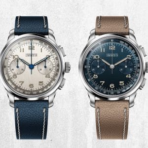 Lebois Heritage Chronograph Linéaire foto di copertina modelli quadrante champagne e blu ref 324.525 e 324.526.
