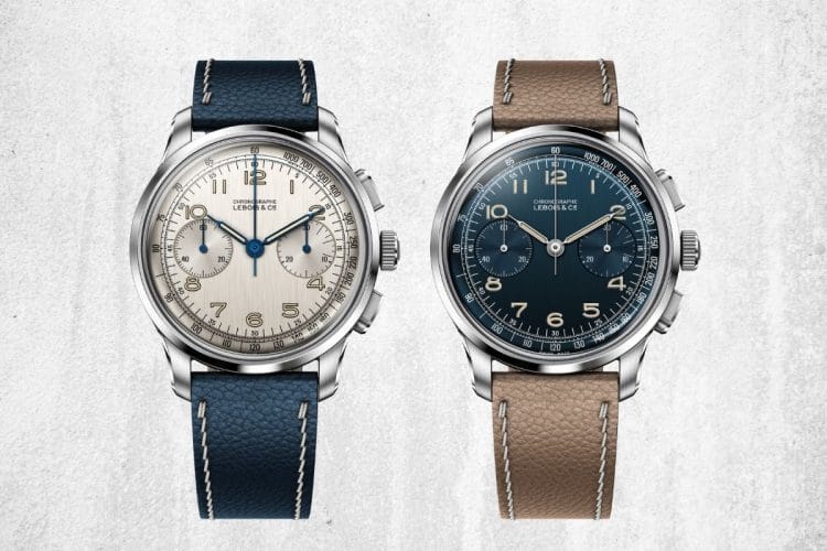 I nuovi cronografi Lebois Heritage Linéaire ispirati agli anni '50 Lebois Heritage Chronograph Linéaire foto di copertina modelli quadrante champagne e blu ref 324.525 e 324.526.