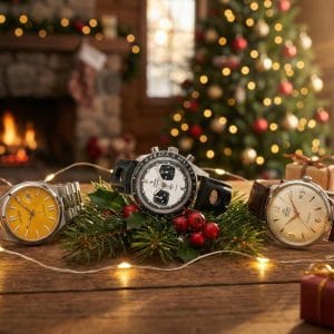 Composizione natalizia con tre orologi iconici sotto i 500 euro: Citizen Tsuyosa a sinistra, cronografo Yema Rallygraf al centro e Orient Bambino a destra, ambientati tra luci calde e decorazioni.