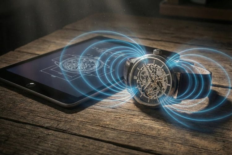 Come i campi magnetici di tablet e smartphone influenzano l'orologio Orologio meccanico poggiato vicino a un tablet con visualizzazione artistica dei campi magnetici invisibili che causano l'anticipo della marcia.