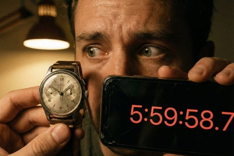 Il panico da precisione: Orologio meccanico vs Smartphone Uomo preoccupato che confronta l'ora del suo orologio meccanico con lo smartphone, rappresentando il panico da precisione dei neofiti.