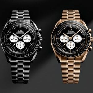 Nuovi Omega Speedmaster Moonwatch 2026 con quadrante Reverse Panda: modello in acciaio e versione in oro Moonshine™ a confronto.