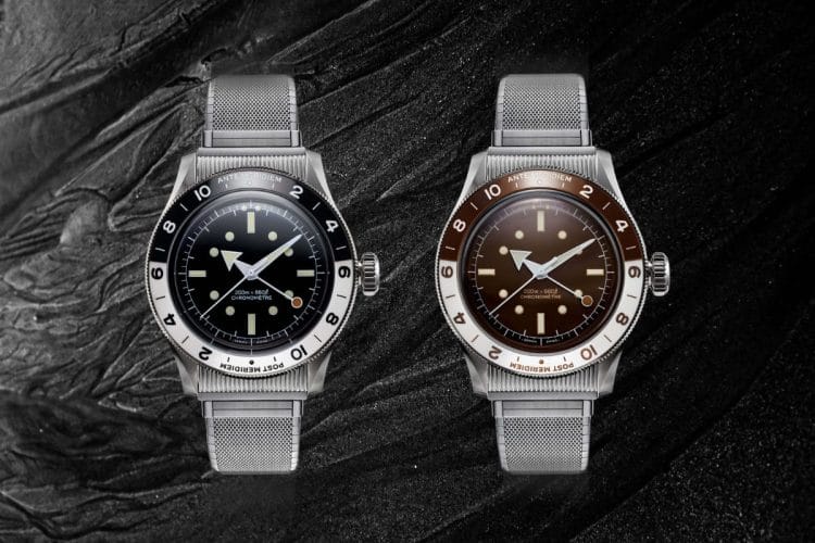 Confronto Serica 8315 GMT: modello con quadrante Nero e nuova versione Desert Red affiancati su sfondo scuro. Entrambi montano il bracciale Bonklip e la lunetta asimmetrica.