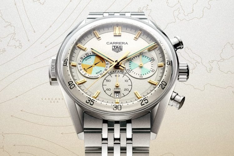 TAG Heuer Carrera Seafarer 2026 – cronografo con indicatore di marea TAG Heuer Carrera Chronograph Seafarer con indicatore di marea, quadrante champagne e dettagli teal, vista frontale su bracciale.